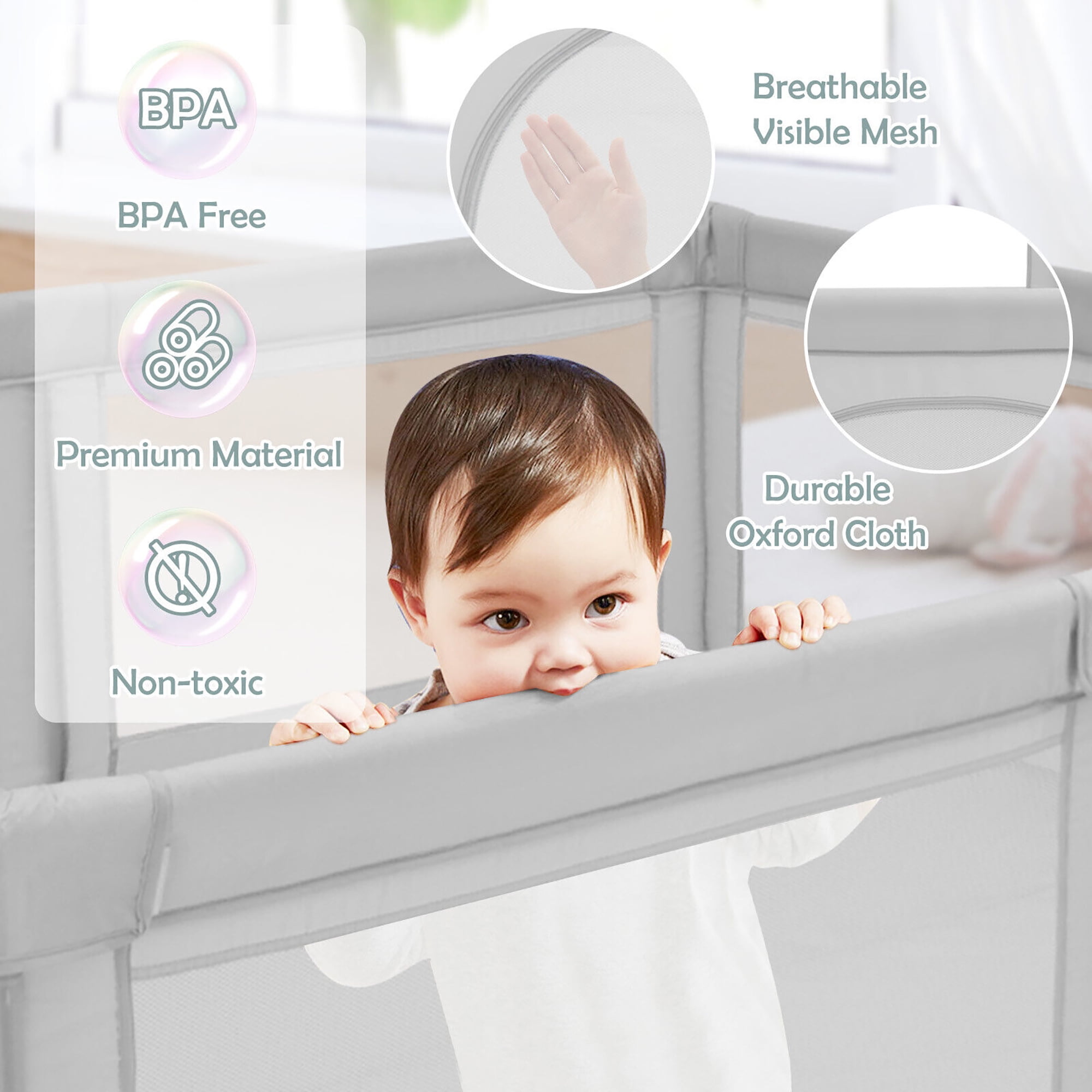 Gymax Extra Large Baby Playpen Safety Baby Play Yard w/ 50 Ocean Balls & 4 Handles Light Grey