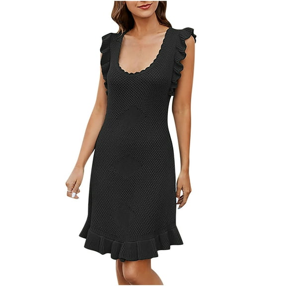 Lovskoo 2024 Women's U Neck Sleeveless Ribbed Knit Ruffle Hem Sweater Vest Mini Dresses Black