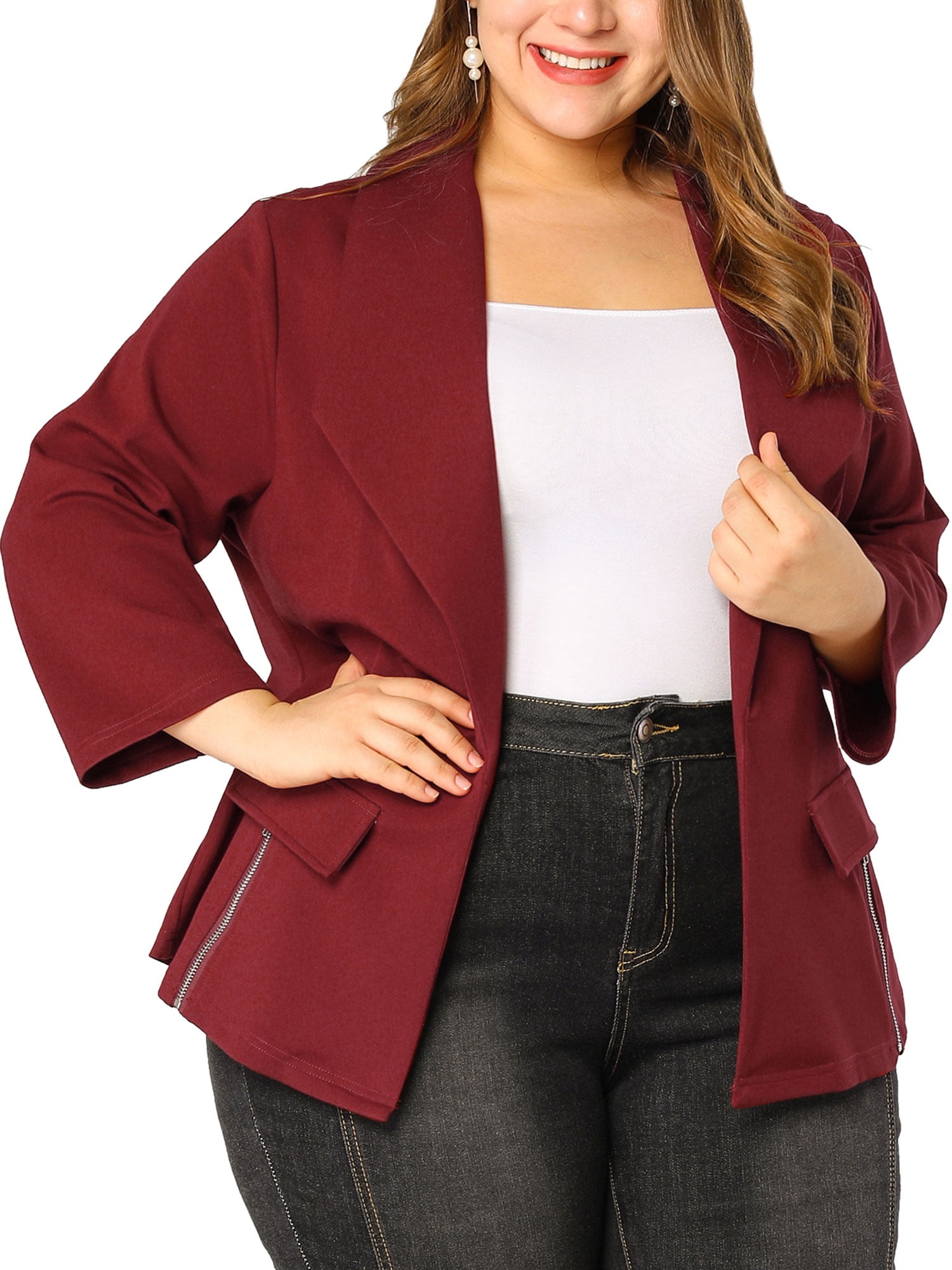 Women's Plus Size Blazer Notch Panel Jacket with Pockets