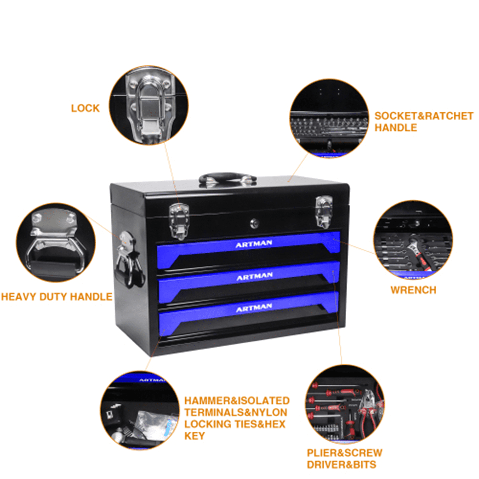 ARTMAN 439 Piece Mechanics Tool Set, 3 Drawer Heavy Duty Portable Toolbox Storage Case with Drawer for Garage Workshop Repair Shop