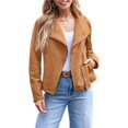 thumbnail image 2 of Women Faux Leather Jackets Suede Fall Fashion Outfits Winter Clothes Open Front Cropped Coat Outwear Brown S, 2 of 8
