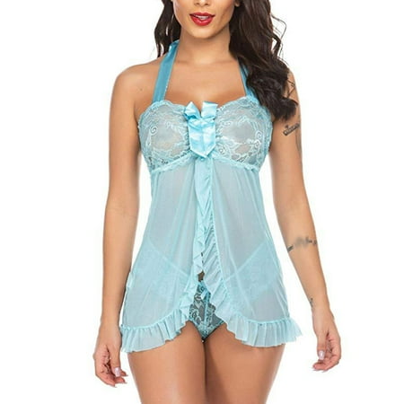 BLTIBY Lingerie Sleepwear for Women Lace Babydoll Halter Teddy Pajamas Nightdress Strap Mesh Chemise Transparent Dress Light Blue L