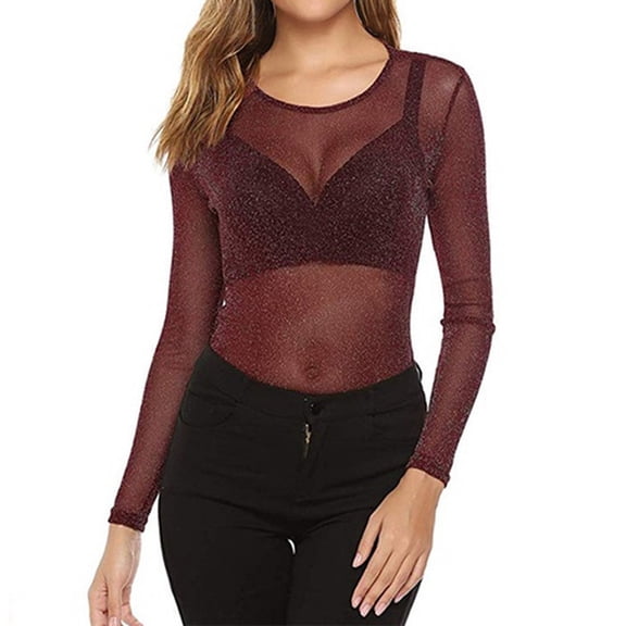 Women's T Shirts Solid See Through Arm Shaper Top Mesh Shirt Blouse Crew Neck Mesh Long Sleeve Blouses For Women Dressy Casual