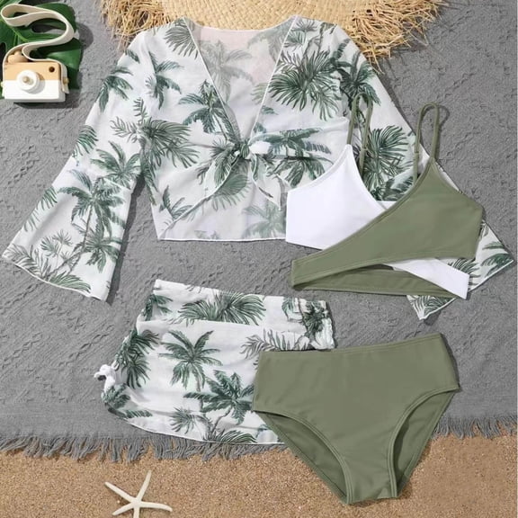 hengsof Girls 4 Piece Swimsuit Set Fashion Tank Top Crop Top Sunscreen Cover Up Swim Skirt Shorts Summer Beach Outfit for Kids Ages 8-12