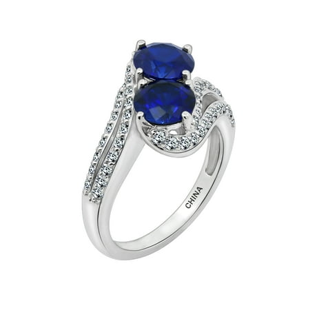 Gemour Platinum Plated Sterling Silver Round Created Sapphire 2-stone Bypass Ring with Swarovski Zirconia Accents