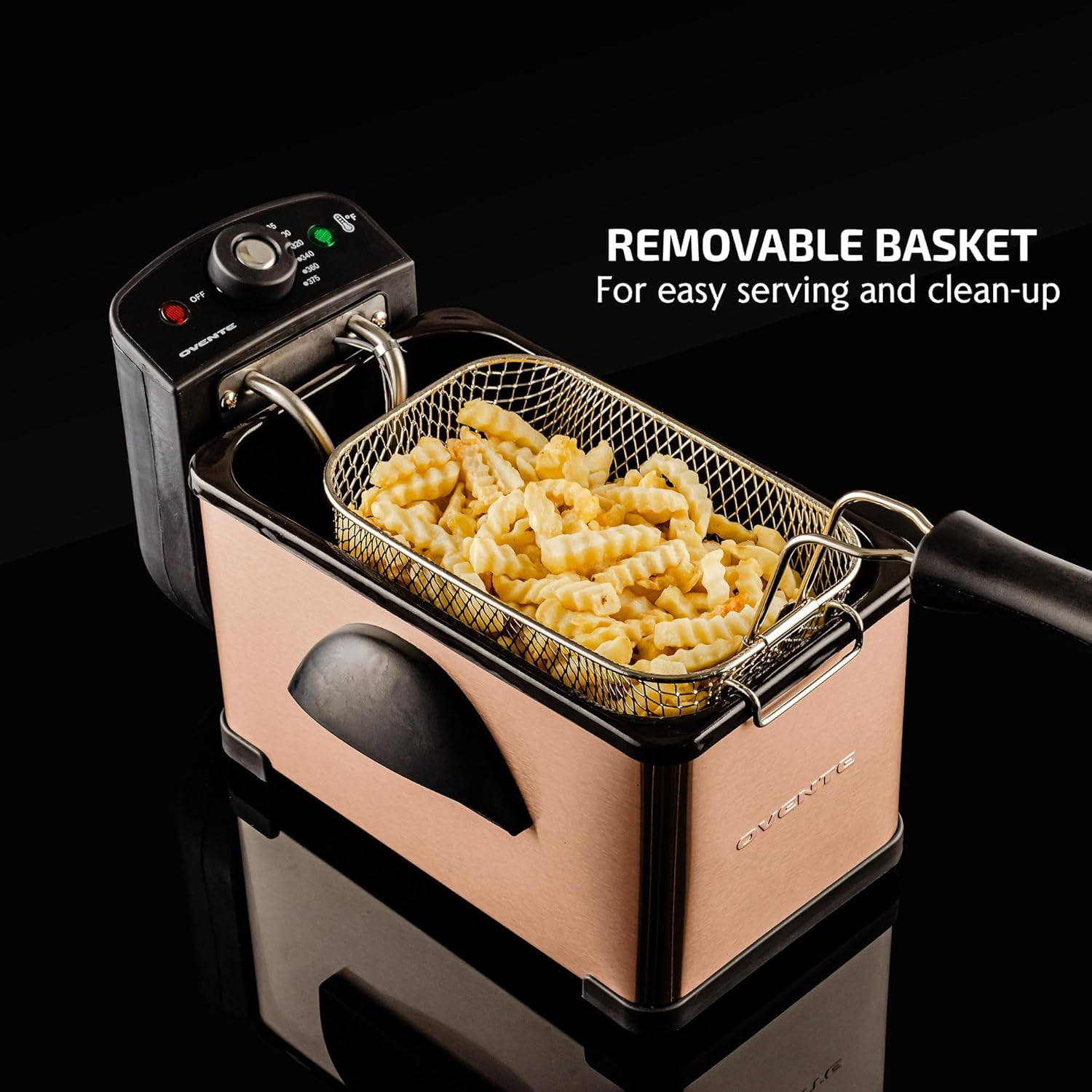 OVENTE Electric Deep Fryer 2L Capacity, Lid with Viewing Window, Adjustable Temperature, Removable Frying Basket & Cool Touch Handle, 1500W Power, Easy to Clean Stainless Steel Body, Copper FDM2201CO