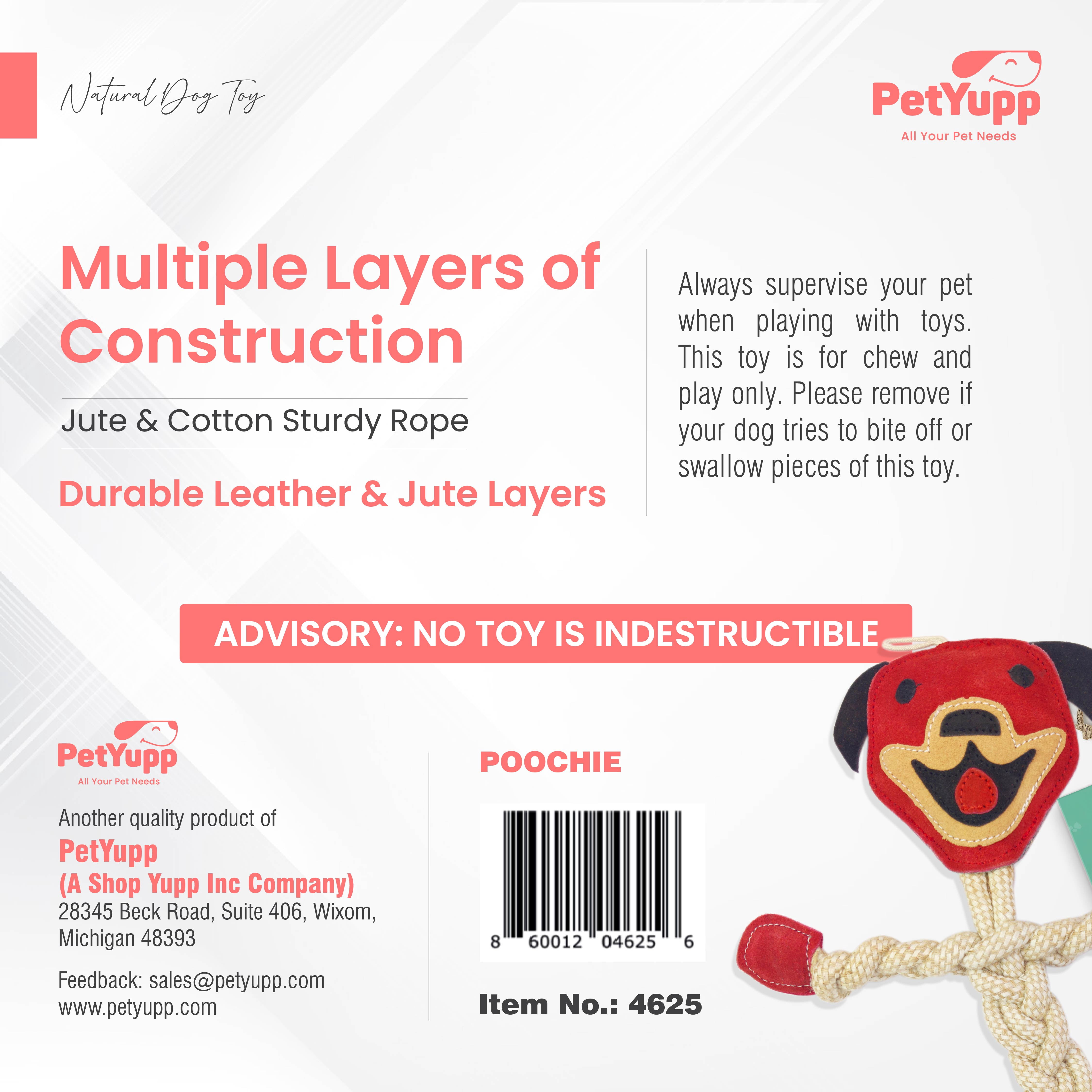 PetYupp Cotton Rope Chew Toy with Real Leather for Small Dogs & Puppies, Poochie