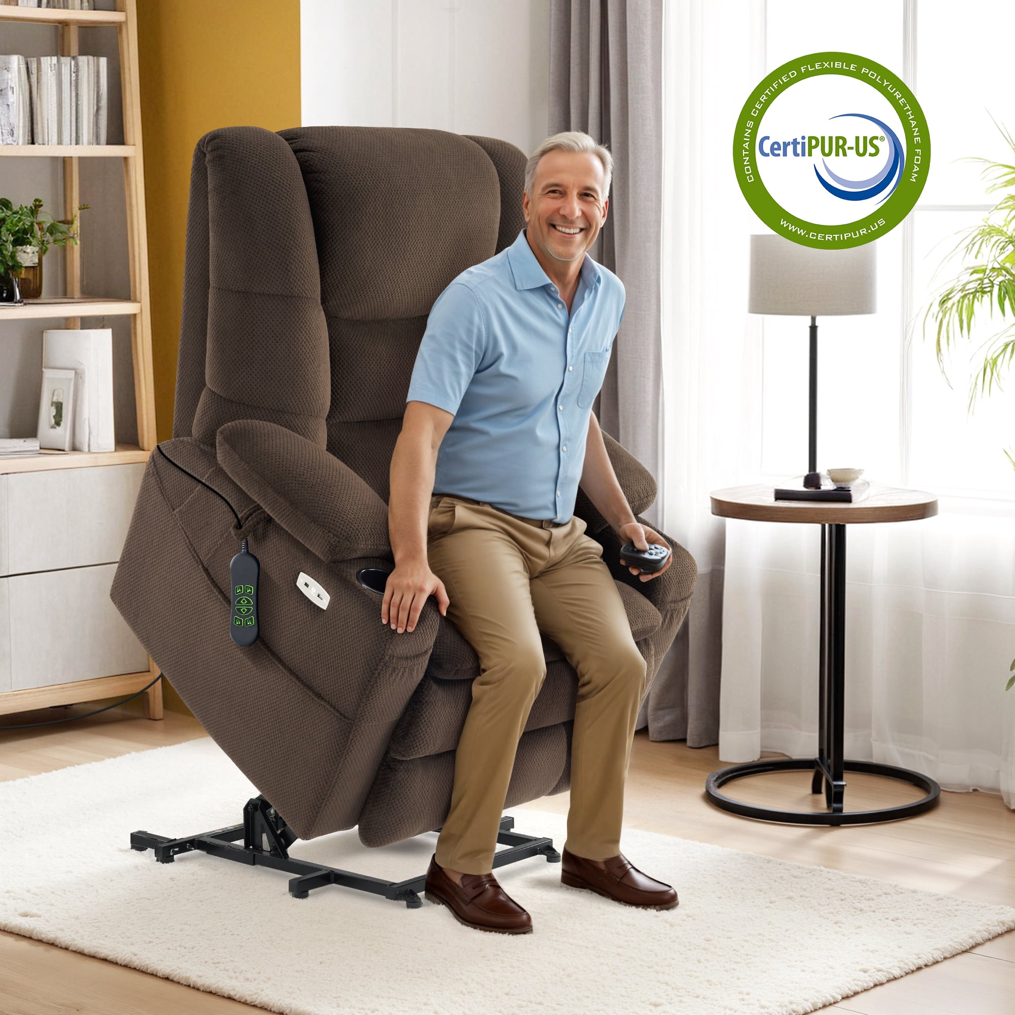 MCombo Oversized Triple Motor Power Lift Recliner with Adjustable Headrest for Big Tall Elderly, Fabric(Coffee, Large-Wide)