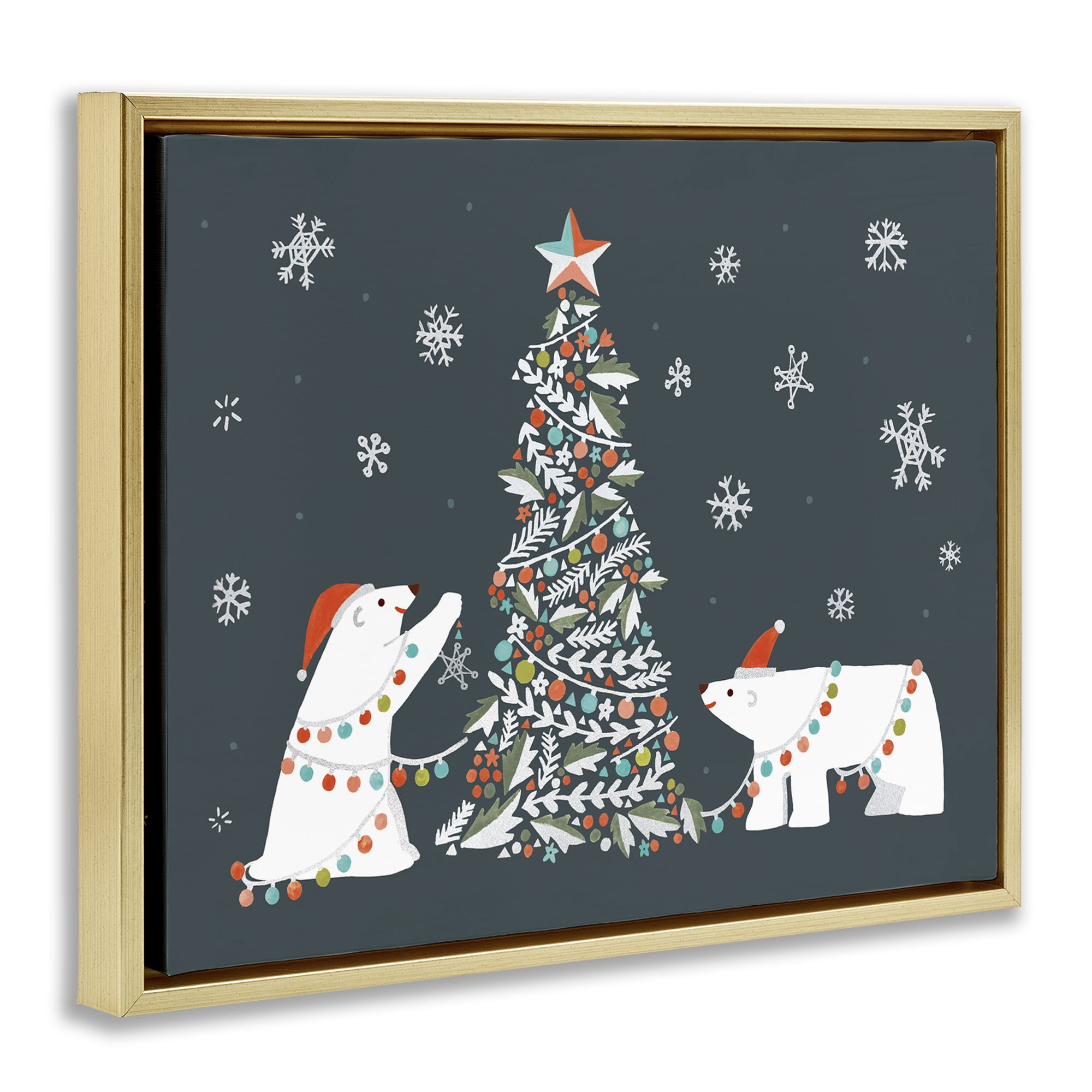 Stupell Industries Polar Bears with Christmas Tree Holiday Painting Gold Floater Framed Canvas Art Prints Wall Art, 31 x 25