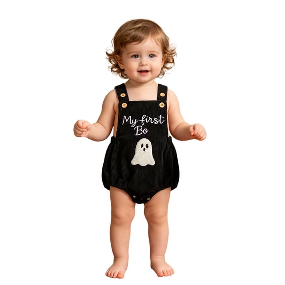 Gunia Baby Boys Girls Halloween Outfit Cute Bodysuit Ghost Embroidery And Adjustable Straps Outfits Black 6-12 Months