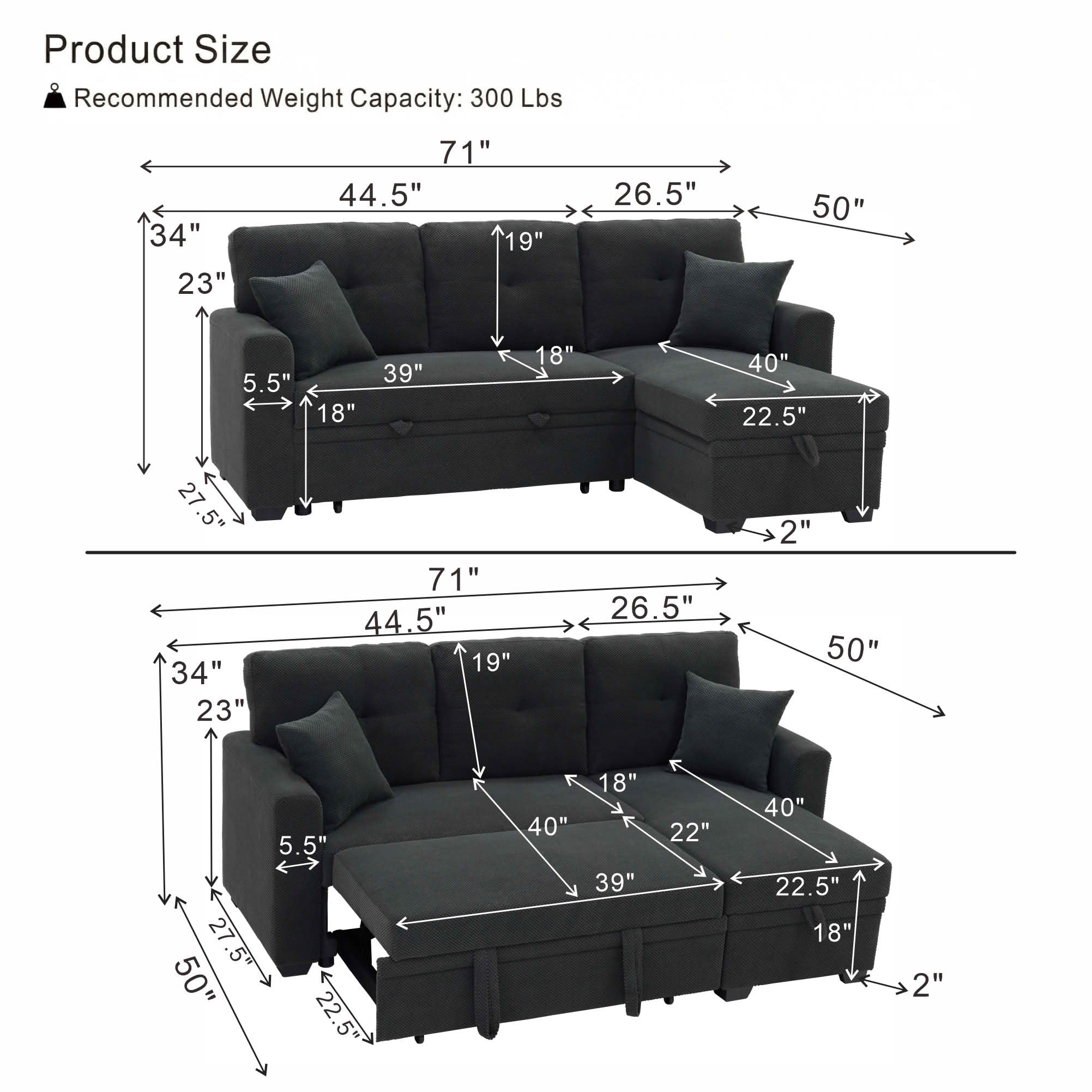 MAYEERTY L‑Shaped Sleeper Sectional Sofa, Convertible Pull‑Out Bed with Reversible Storage Chaise, Dark Gray Breathable Polyester Fabric for Small Living Spaces