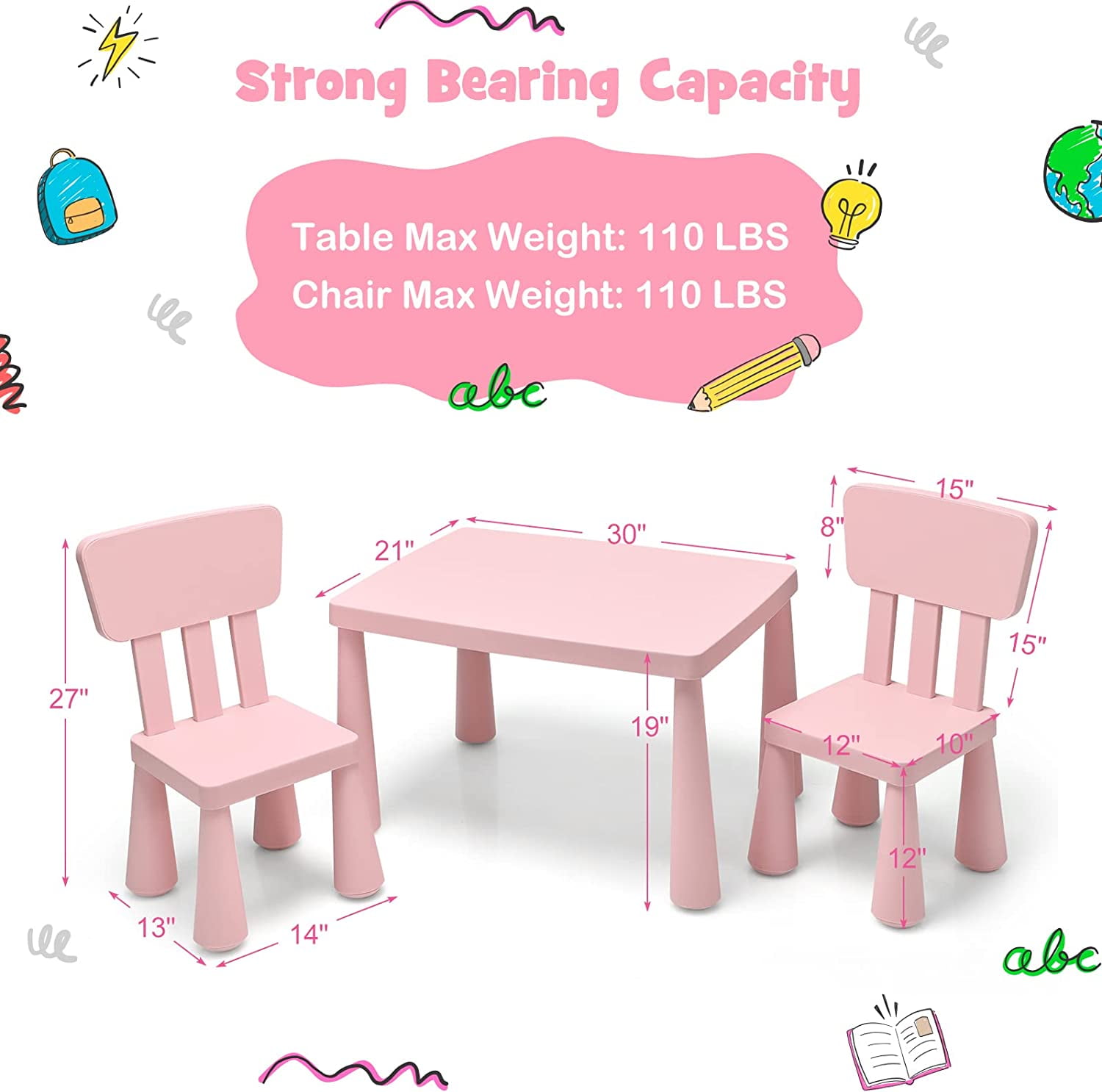 ZJTER Kids Table and Chair Set, Plastic Children Activity Table and 2 Chairs for Art Craft, Easy-Clean Tabletop, 3-Piece Toddler Furniture Set for Daycare Playroom, Gift for Boys Girls(Pink)