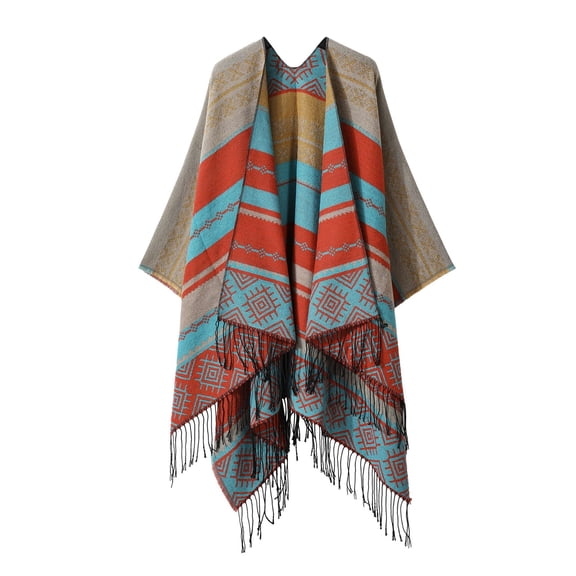 Zhuge Women's Shawl Wraps Open Front Poncho Cape Oversized Sweaters Casual Cardigan Shawls for Fall Winter,Tassel Orange Blue