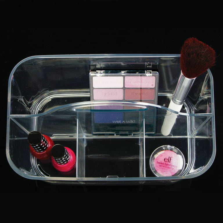  mDesign Plastic Divided Cosmetic Organizer Caddy Tote Bin with  Natural Oak Handle for Bathroom Vanity - Holds Blush, Makeup Brushes,  Palettes, Lipstick, Nail Polish - Aura Collection - Clear/Natural : Beauty