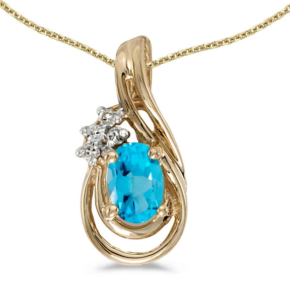 10k Yellow Gold Oval Blue Topaz And Diamond Teardrop Pendant with 16" Chain