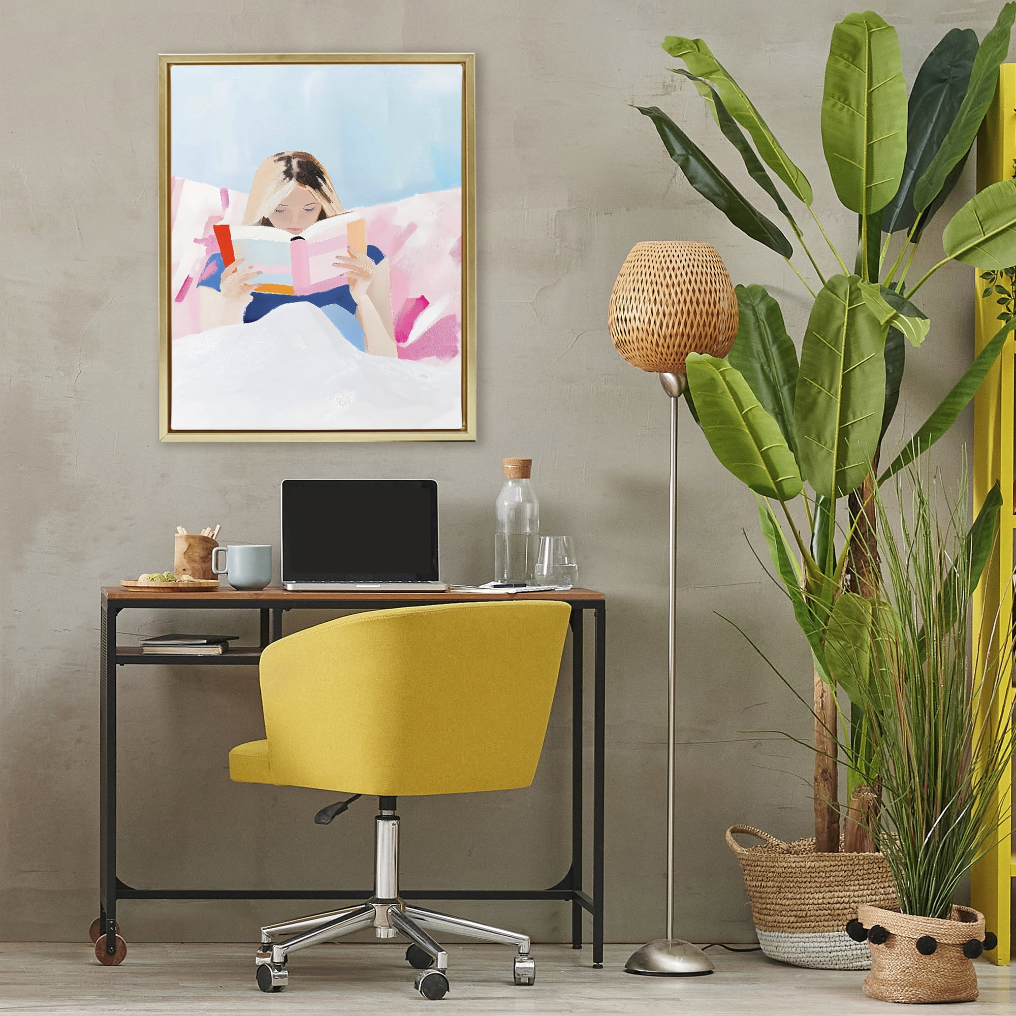 Stupell Industries Cozy Reading In Bed Gold Framed Floater Canvas Wall Art, design by The Prints Vibe