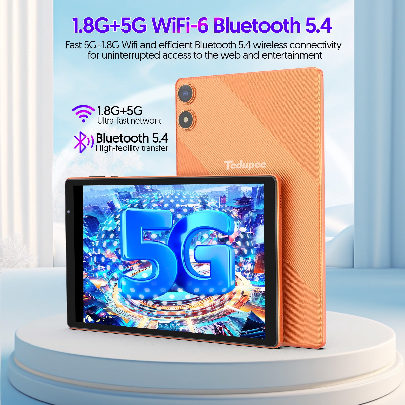 Android 16 Tablet, 10.1 inch, Five-core CPU, RAM 3GB, ROM 32GB (Up to 1TB), 800x1280 IPS, 5G WiFi 6, 2MP+2MP, 6000mAh-Orange