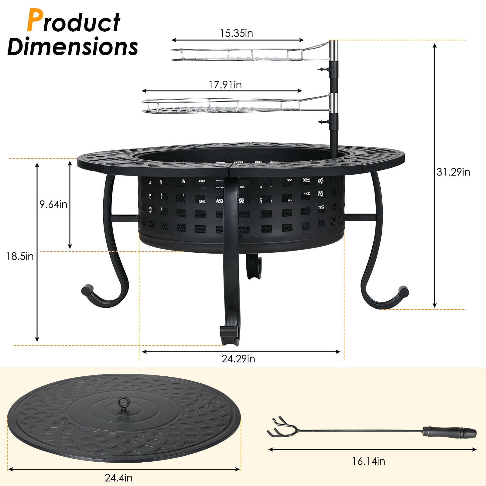 Arlopu Metal Fire Pit for Outside, 37'' Round Fire Pit Patio Wood Burning Fire Pit Table with Cooking BBQ Grills & Lid for Outdoor Camping Picnic Bonfire Party