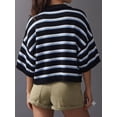 thumbnail image 6 of Women's Striped Crew Neck Drop Shoulder Short Sleeve Cropped Knit Sweater Black L, 6 of 7