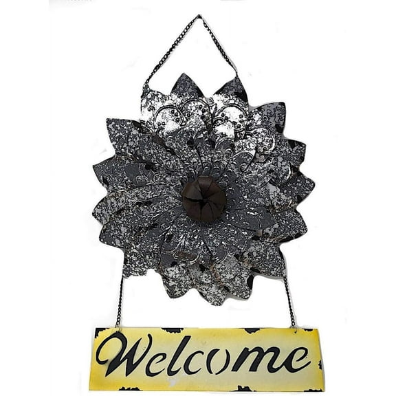 DI Inc Welcome Flower Metal Sign Rustic Wreath Door Wall Decoration Nature Inspired Silver Large Indoor Outdoor Silver Galvanized 21" x 13.5"