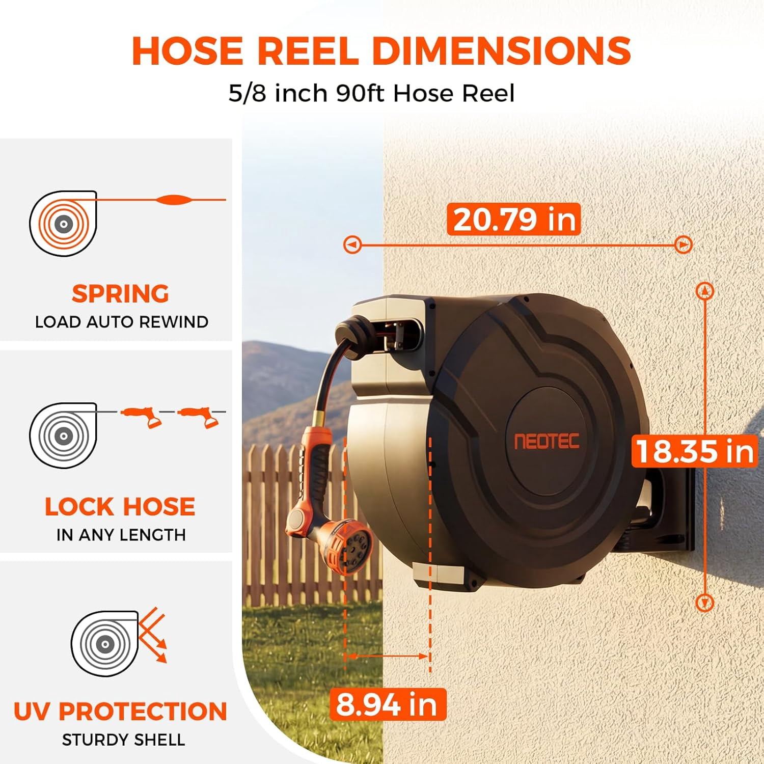 NEOTEC 90ft 5/8 Inch Retractable Garden Hose Reel-Wall Mounted Hose Reel with Automatic Slow Return System,9 Pattern Spray Nozzle,180°Swivel Bracket,UV Resistant Garden Hose Reel for Yard Watering