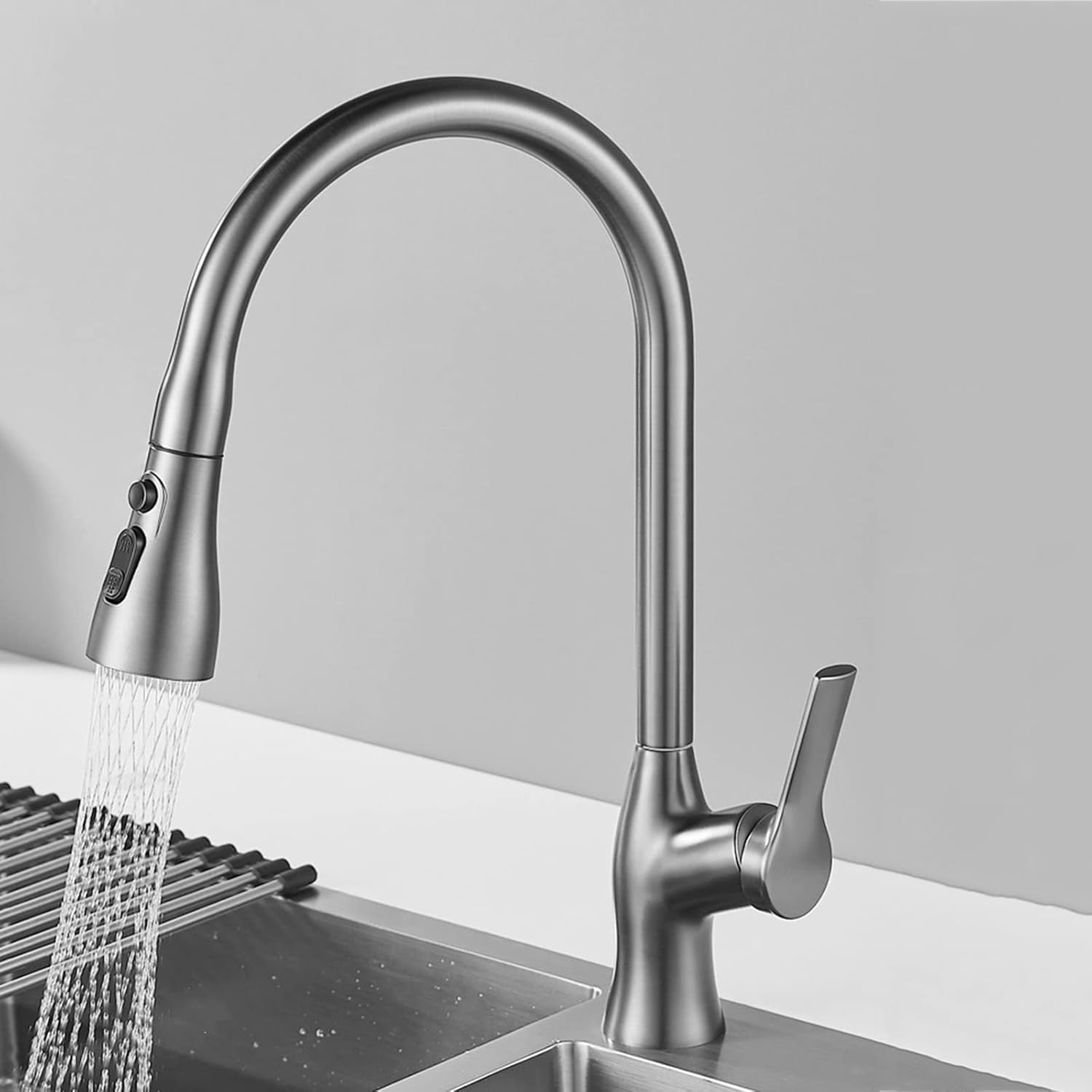 Kitchen Faucets with Pull Out Spray Gray Swivel Telescopic Brass Kitchen Sink Mixer Faucet