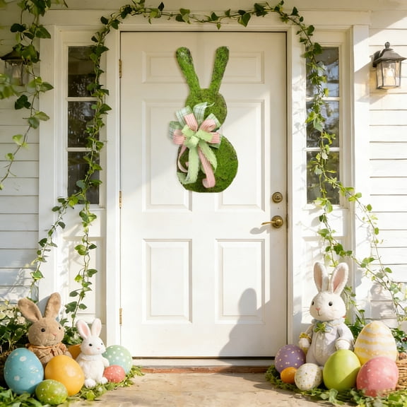Home Decor St. Patrick's Day Wreath Easter Bunny Wreath, Green Artificial Grass Bunny Decoration with Bow and Flower, Spring Holiday Decor