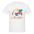 thumbnail image 3 of Visita Arrakis - Camiseta de manga corta 100 % algodón para hombre, estilo vintage desgastado, con diseño de surf, dunas y ciencia ficción, 3 of 5