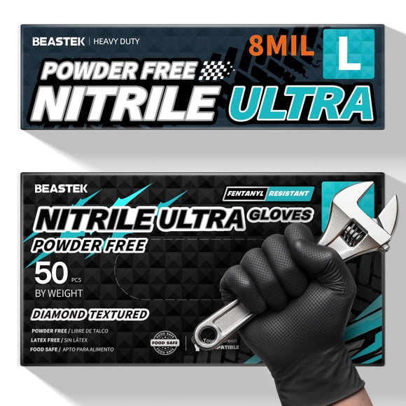 Guantes desechables Beastek de nitrilo, 8 mil, sin polvo, negros, 50 unidades