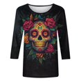 thumbnail image 5 of Women’s Day of the Dead T Shirt 3/4 Sleeve Crewneck Top Colorful Floral Skull Skeleton Print Trendy Casual Blouse for Festival and Themed Party Outfits, 5 of 5