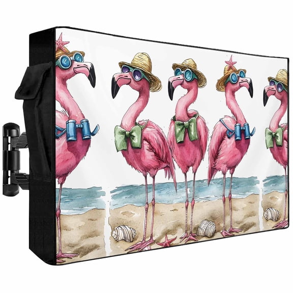 Outdoor TV Cover 58x37x4.5in, Summer Seaside Beach Flamingo Weatherproof TV Screen Protector with Zipper, Watercolor Shell Hat Bow Outside Television Cover Fits Up to 60-65"