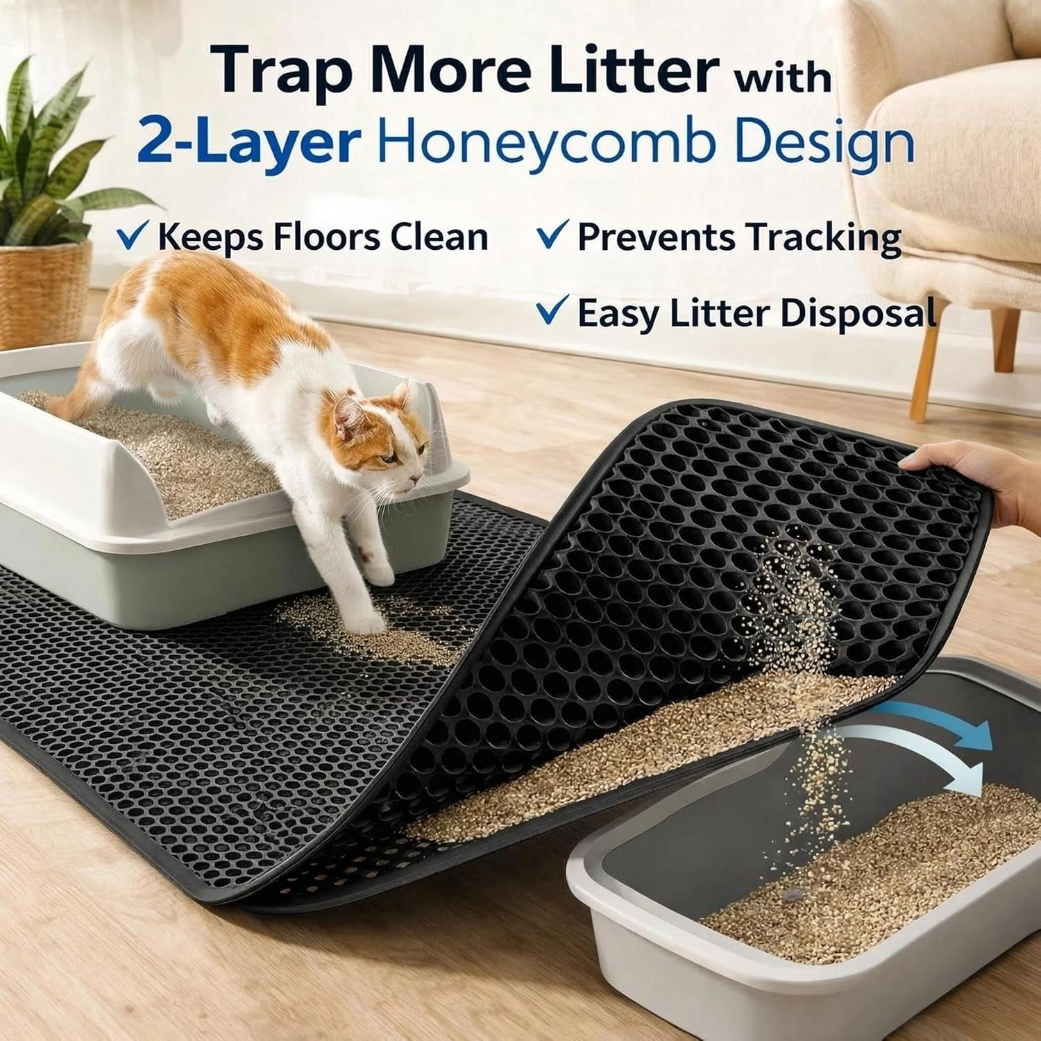 Cat Litter Mat Double Layer Litter Trapping Mat, Non-Slip Waterproof Urine Proof Easy Clean Kitty Litter Box Mat for Pet Floor Scatter Control (Black,30x22in-1 Pieces)