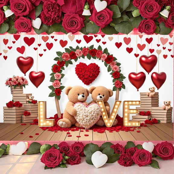 Red Roses Love Banner Heart Balloons Valentine Display Teddy Bear Design LOVE Letter Lights Heart Backdrop for Valentine's Day Romantic Party Wedding