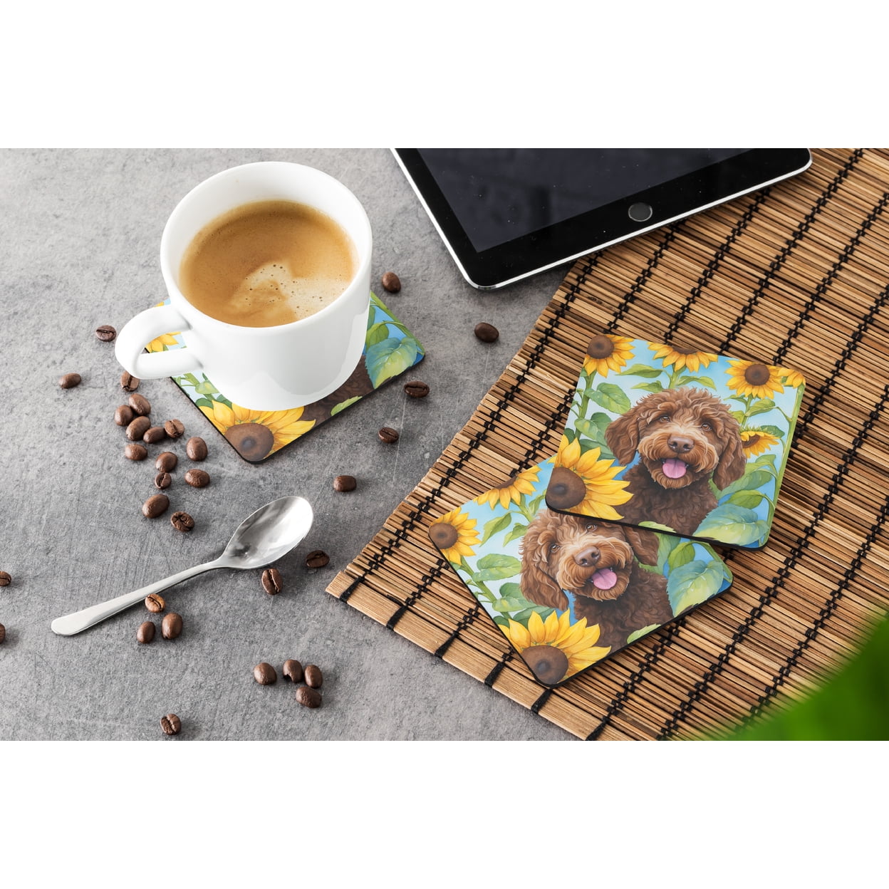 Labradoodle in Sunflowers Foam Coasters 3.5 in x 3.5 in