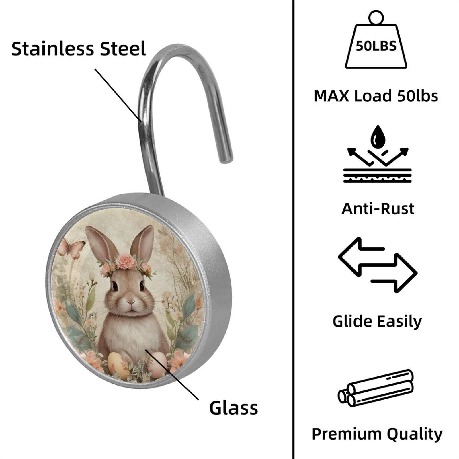 Imobaby 12 Pcs Metal Shower Curtain Hooks Rust Proof for Shower Curtain Liner - Vintage Wreath Bunny