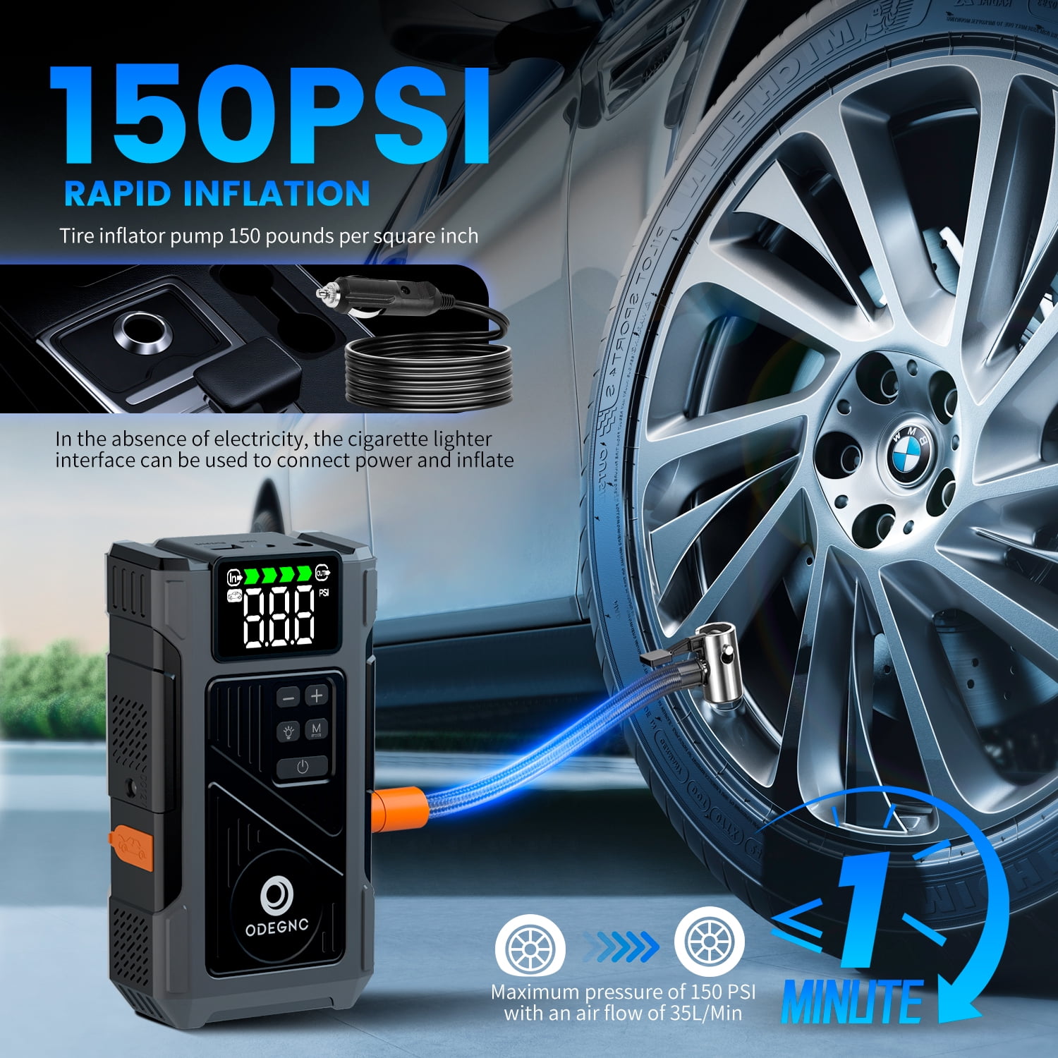 ODEGNC 6000A Heavy Duty Jump Starter and Air Compressor 25000mAh 12V Dual-Power Car Starter for SUV RV Van Diesel