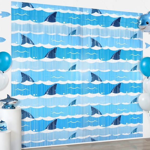 Neasyth 2 pack Shark Blue Foil Fringe Curtains Backdrop for Shark Theme Party Supplies, Under the Sea Party Decorations