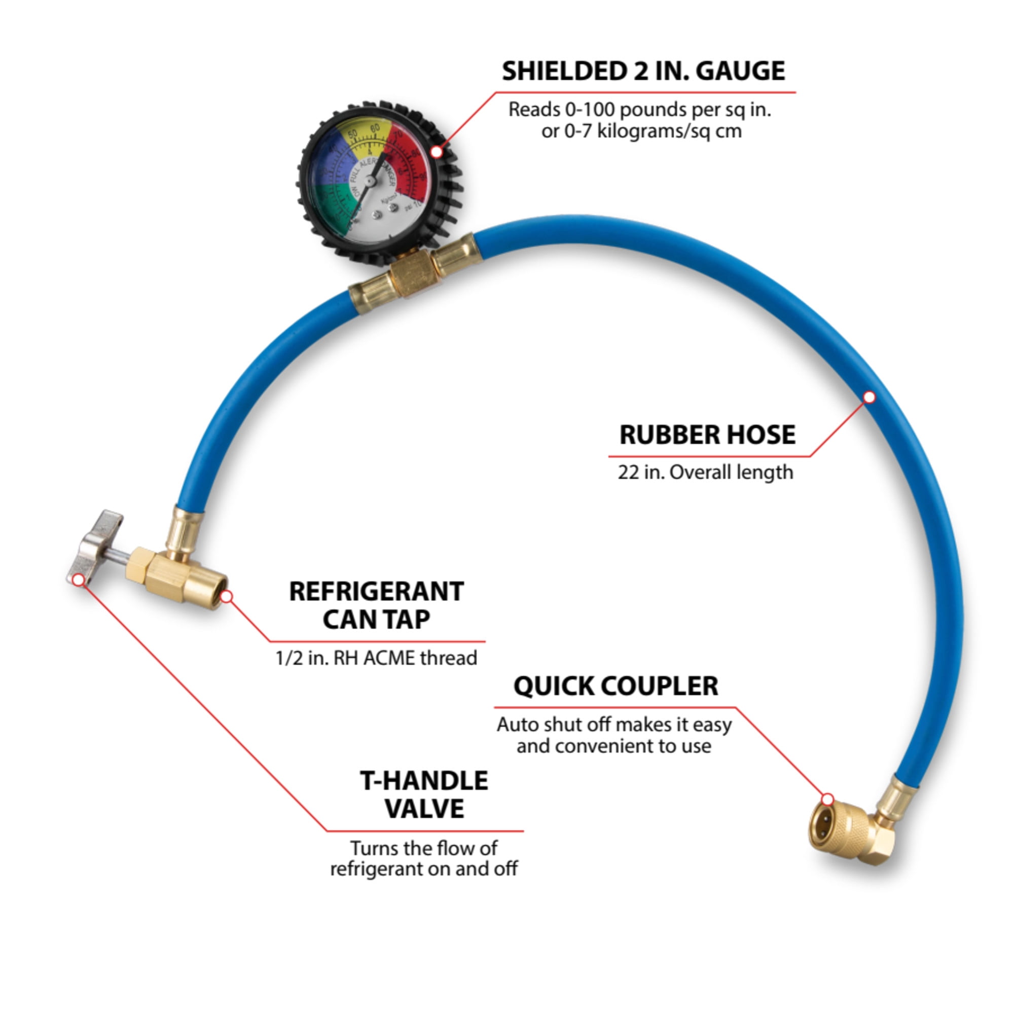 Performance Tool W83137 Recharge Hose And Gauge R134a