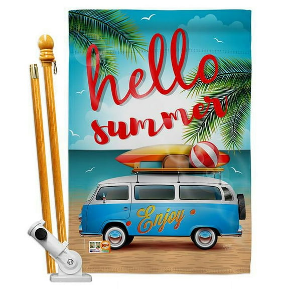 Breeze Decor BD-SU-HS-106084-IP-BO-D-US18-BD 28 x 40 in. Hello Summer, Enjoy Bus Summer Fun in the Sun Impressions Decorative Vertical Double Sided House Flag Set with Pole Bracket & Hardware