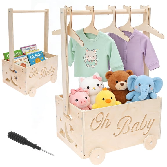 Baby Shower Crate Closet Wooden Storage Basket with Hangers, Nursery Organizer Box for Gender Reveal and Welcome Gifts, Wood Basket for Room Decor
