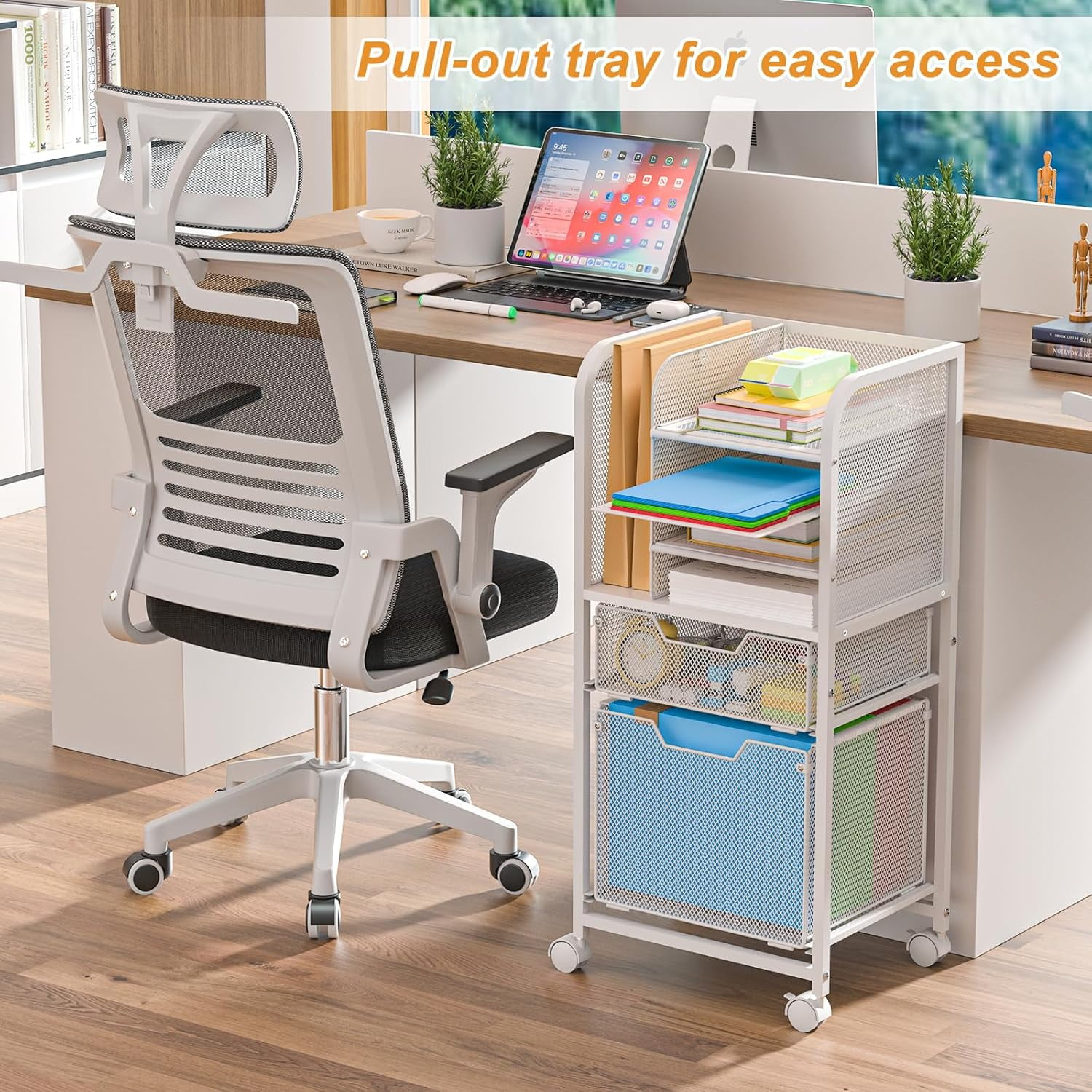 Rolling File Cart with 2 Drawers, White File Cabinet Organizer for Hanging File Folders, Letter-Size File Storage with Wheels, Multi-Layer Mobile Filing Cabinet for Office and Home, White