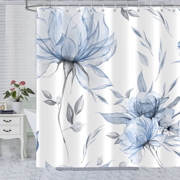 Blue Grey Watercolor Floral Shower Curtain, Flower Leaves Minimalist Aesthetic Art for Bathroom Decor, Waterproof Polyester with 12 Hooks,72x72 in