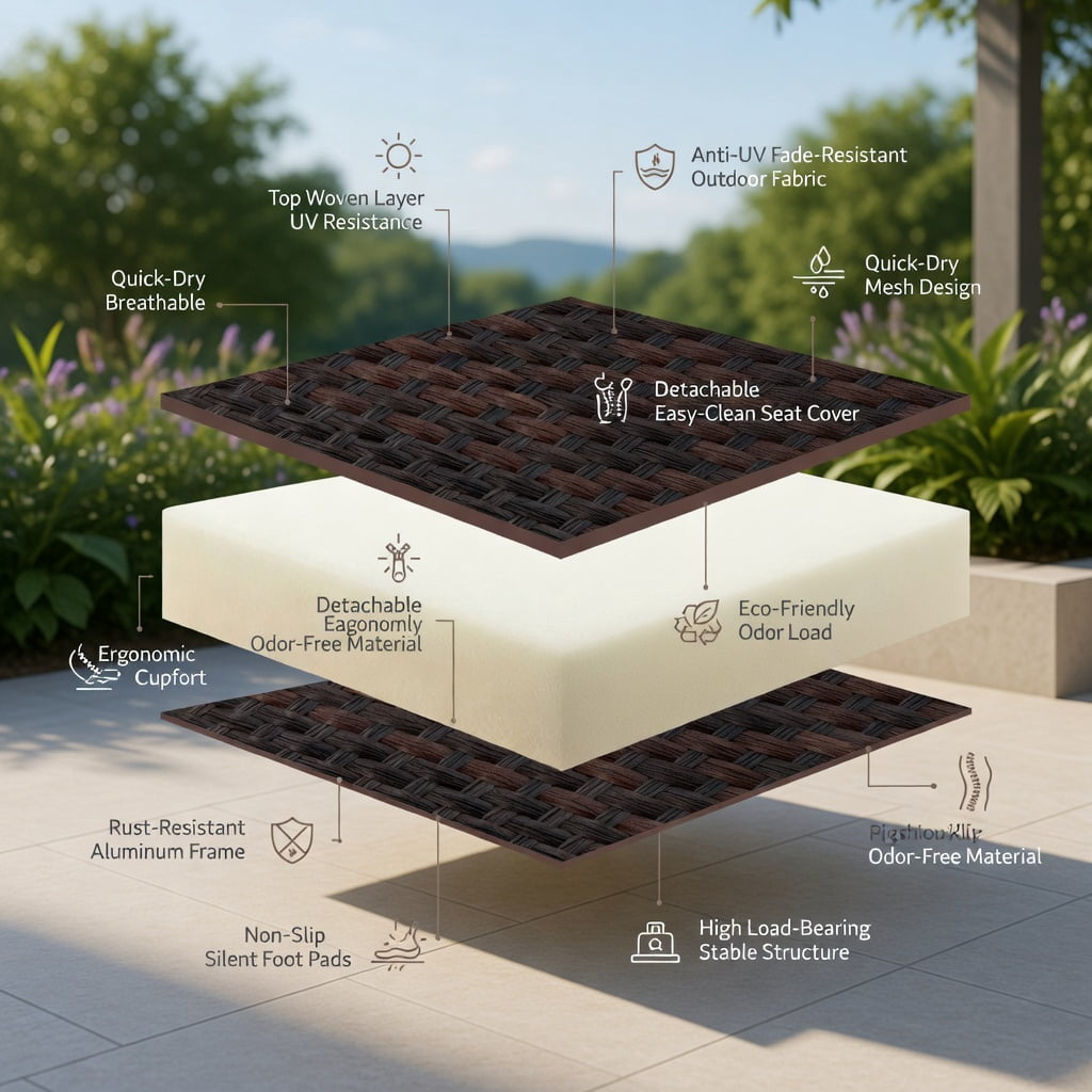 Hommoo 3-Piece All-Weather Patio Gliding Set with Tempered Glass Coffee Table, PE Rattan Outdoor Seating for Backyard, Poolside & Porch, Brown