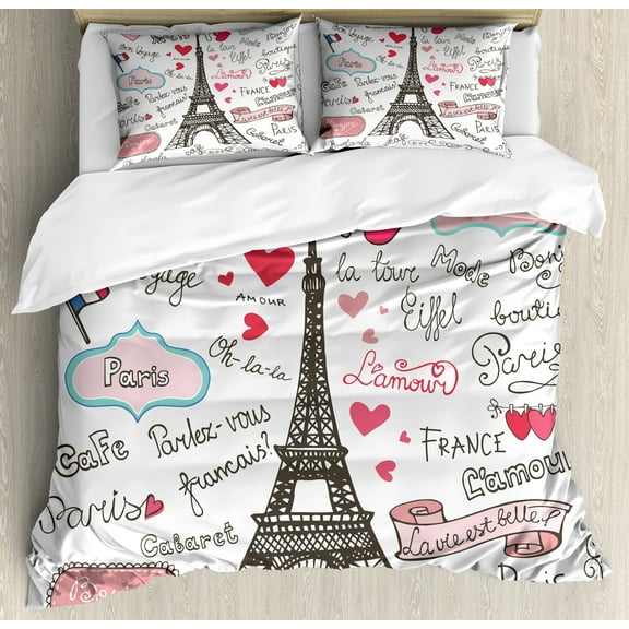 Eiffel Tower Duvet Cover Set, Paris Lettering Heart Shapes Flag Ornamental Sketchy Doodle, Decorative 3 Piece Bedding Set with 2 Pillow Shams, Calking Size, Black White Pink, by Ambesonne