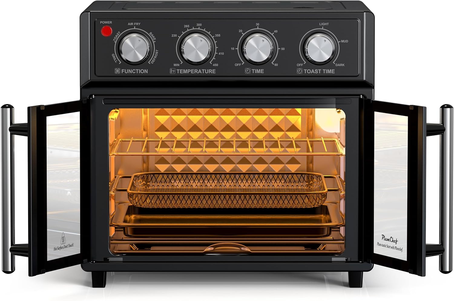 PlumChef 26QT Large capacity French Double-Door Air Fryer Convection Toaster Oven, 1700W, 7 Preset Menus, 7-in-1 Multi-Function for Bake, Roast, Grill, Toast, Dehydrate Defrost, Stainless Steel,Black