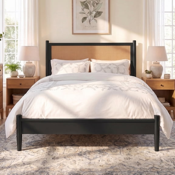 Euroco Modern Wood Queen Size Platform Bed with Rattan Headboard,Wicker Bed, No Box Spring Needed, Black