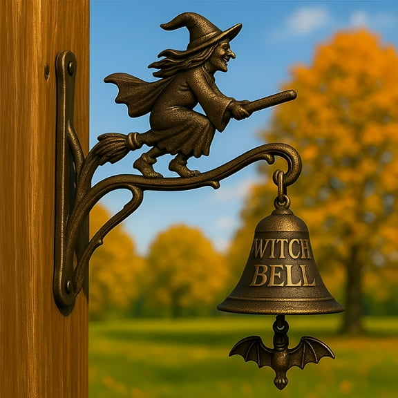 TALENO Vintage Witch Doorbell–Cast Iron Halloween Door Hanger Bell with Witch on Broom,Outdoor Decorative Bell for Porch,Garden,Front Door,Gothic Witch Decor for Halloween and Everyday Decoration