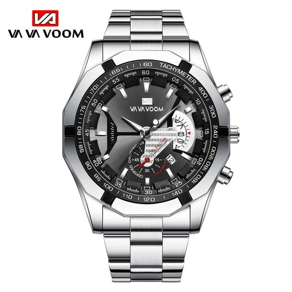 Vava Voom men's watches business fashion luminous black surface silver belt stainless steel calendar 3atm waterproof quartz wristwatches