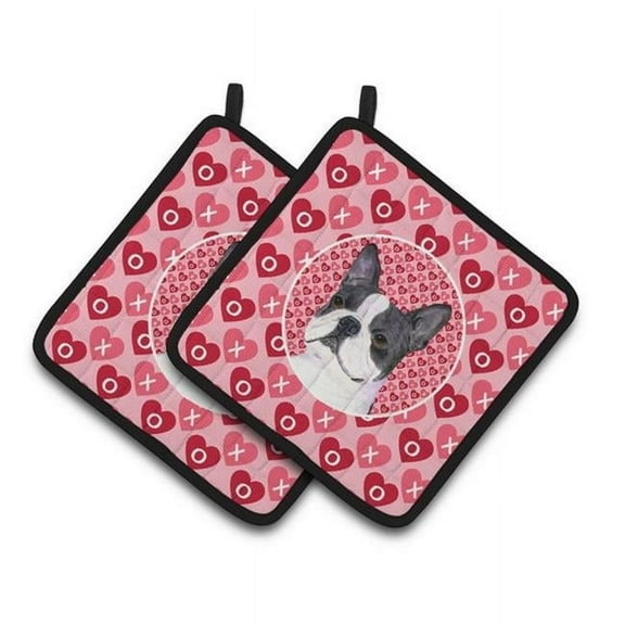 Boston Terrier Hearts Love Valentines Day Pair of Pot Holders, 7.5 x 3 x 7.5 in.
