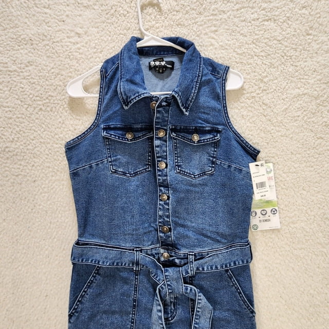 Rewash Womens Sleeveless Utility Style Button Front Denim Jumpsuit, Blue, Medium